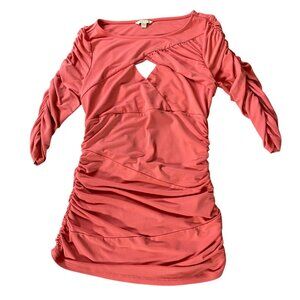 Guess Asymmetrical Ruched Dress Bodycon Wrapped Keyhole Detail Coral Small